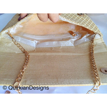 Beige And Copper Fabric Clutch Purse With Gold And Diamante Beads, Wedding Clutch, Party Bag